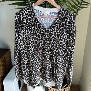 Michael Kors Leopard Cheetah V-Neck Sweater L Cotton Blend Chic